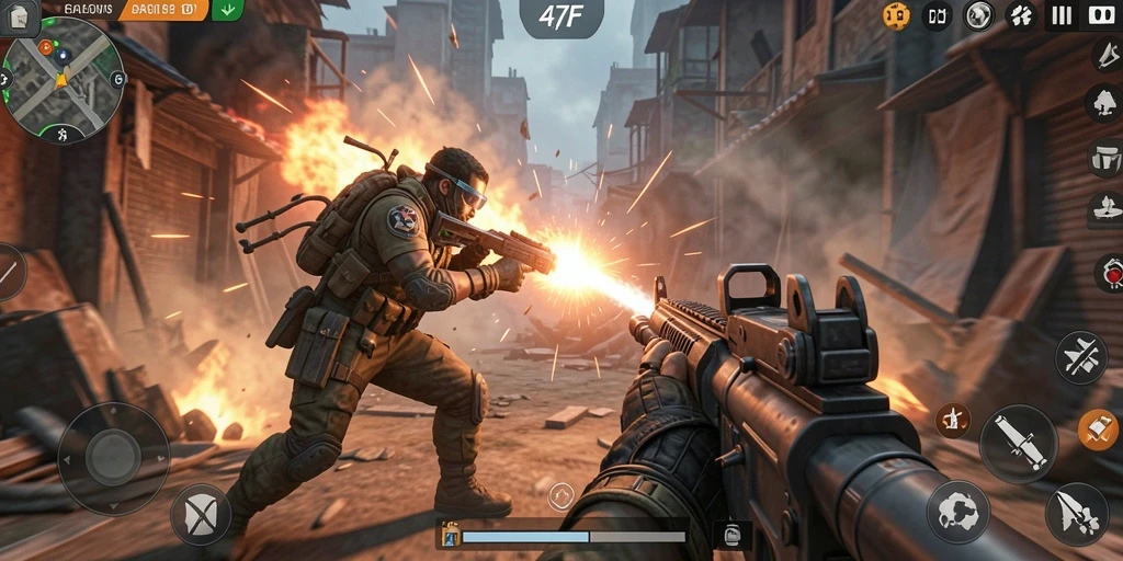 Screenshot gameplay 47F dengan aksi tempur intens.