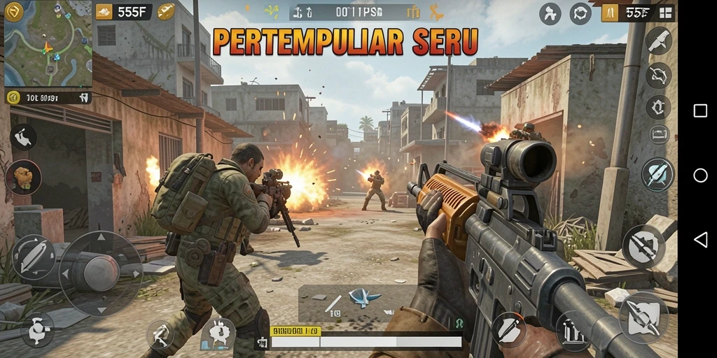 Tangkapan layar menunjukkan aksi pertempuran intens dalam 555F.