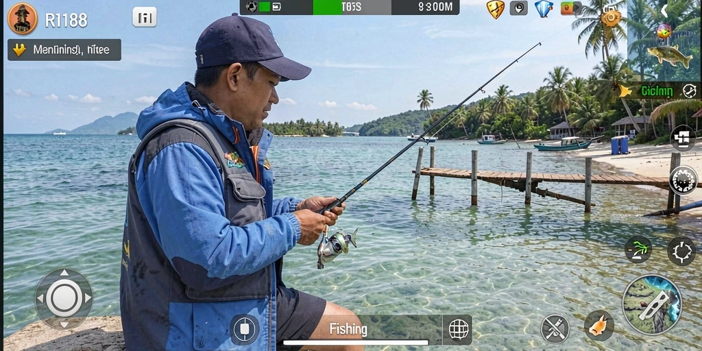 Screenshot gameplay RI188 menunjukkan penggemar Fishing menangkap ikan di danau yang indah.