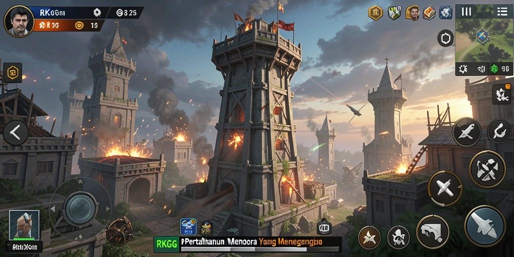 Screenshot gameplay RKGG menampilkan pertempuran menara yang intens.